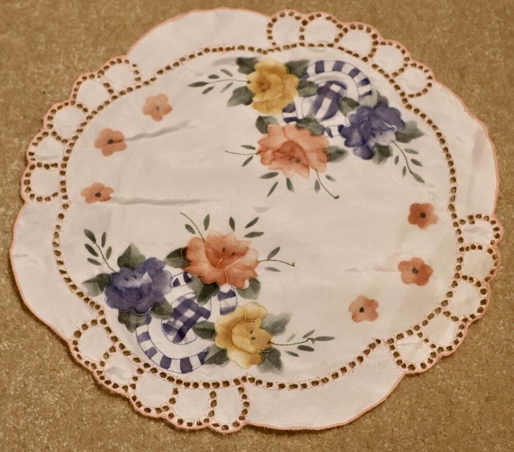 Doily Round White Cutwork Pink Floral Rolled Edge 12 Inch